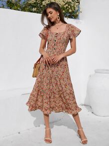 GENKIRA All Over Floral Print Layered Hem Butterfly Sleeve Dress - Multicolor - View 7