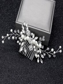 1pc Faux Pearl & Crystal Hair Comb Wedding Bridal Headpiece, Handmade Flower & Leaf Design Country Style Hair Hoop For Women's Wedding Party Elegant - Silver - View 1