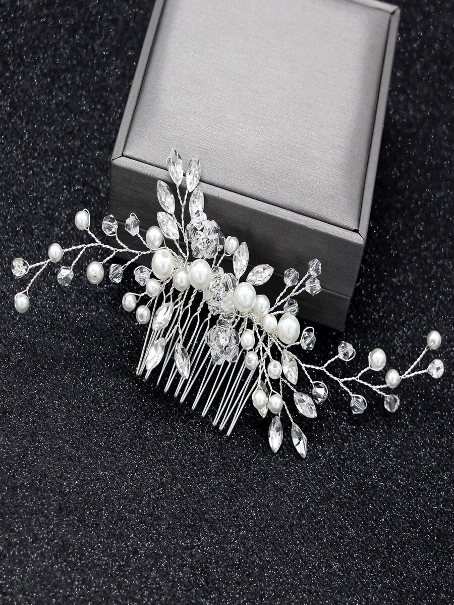 1pc Faux Pearl & Crystal Hair Comb Wedding Bridal Headpiece, Handmade Flower & Leaf Design Country Style Hair Hoop For Women's Wedding Party Elegant - Silver - View 1