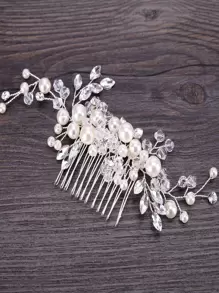 1pc Faux Pearl & Crystal Hair Comb Wedding Bridal Headpiece, Handmade Flower & Leaf Design Country Style Hair Hoop For Women's Wedding Party Elegant - Silver - View 4