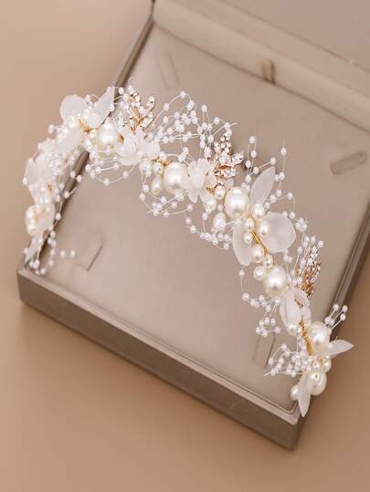Flower & Faux Pearl Decor Elegant Bridal Hair Band For Wedding Tiaras Valentine's Day Accessories