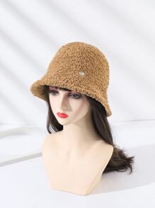 Rhinestone Decor Fuzzy Bucket Hat - Khaki - View 1