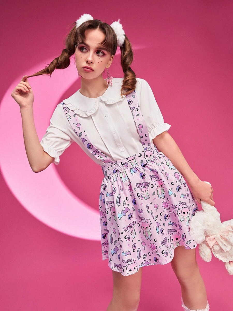 Cartoon Graphic Suspender Skirt - Multicolor - View 1