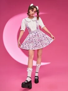Cartoon Graphic Suspender Skirt - Multicolor - View 3