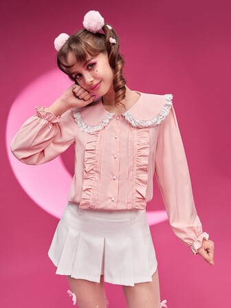 Statement Collar Ruffle Trim Flounce Sleeve Shirt