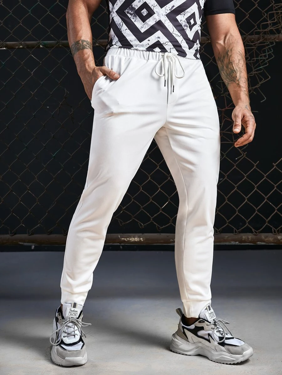Manfinity Men Solid Drawstring Waist Joggers - White - View 1