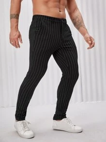 Manfinity NXTstreet Men Suit Pants Nút Túi Dây kéo Sọc - màu đen - Xem 5