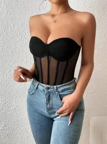 SHEIN BAE Mesh Insert Bustier Tube Bodysuit - Black - View 3