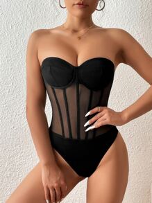 SHEIN BAE Mesh Insert Bustier Tube Bodysuit - Black - View 4