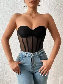 SHEIN BAE Mesh Insert Bustier Tube Bodysuit - Black - View 6