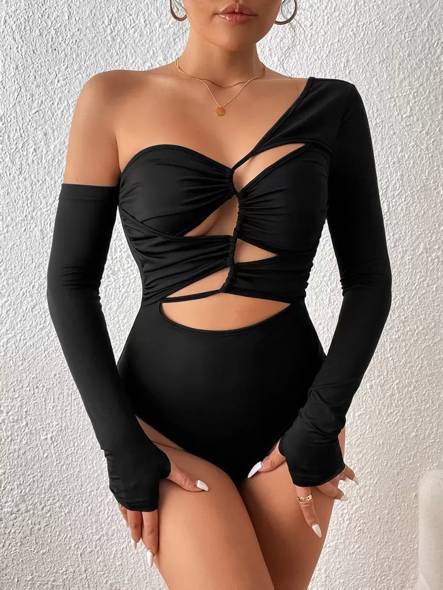 SHEIN SXY Asymmetrical Neck Cut Out Front Bodysuit - Black - View 1