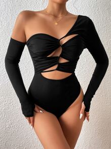 SHEIN SXY Asymmetrical Neck Cut Out Front Bodysuit - Black - View 6