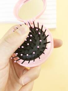 Cushion Hair Brush & Mirror, 1pc Mini Hair Brush For Purse, Pocket Hair Brush With Mirror For Girls, Small Portable Mirror With Brush Travel Size, Folding Hairbrush For Backpack Comb - Pink - View 5