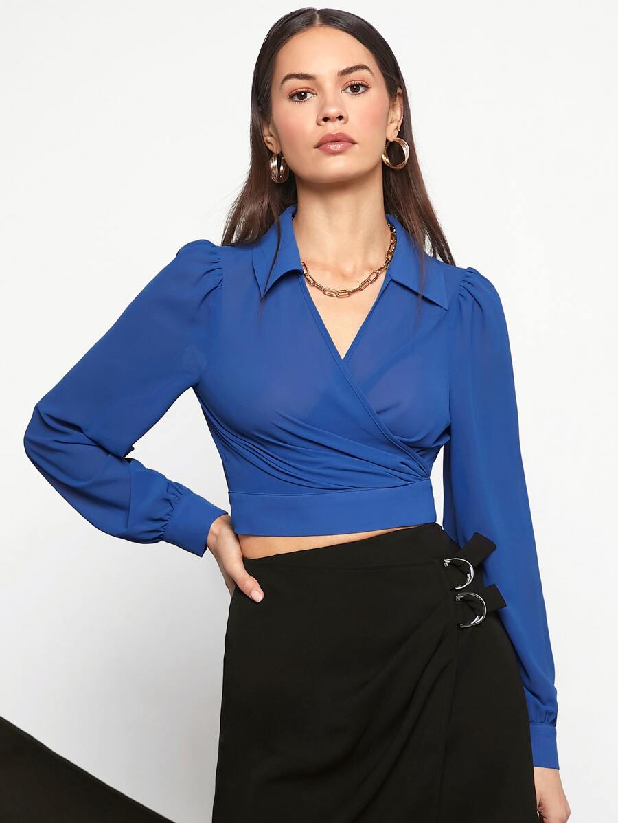 BizChic 泡泡袖交叉翻領後綁帶襯衫