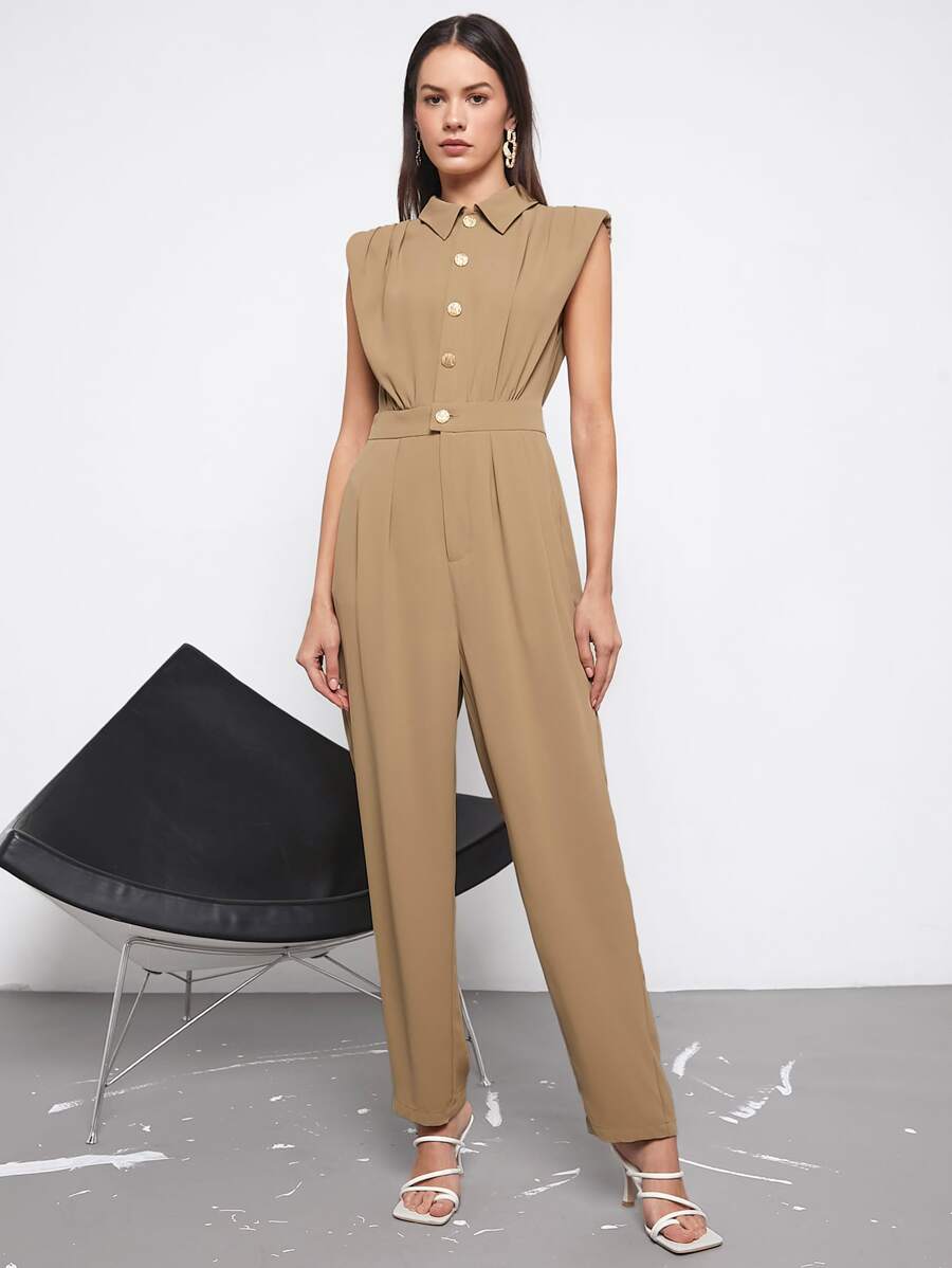 BizChic 素色前紐扣墊肩無袖連身褲