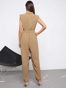 BizChic 素色前紐扣墊肩無袖連身褲