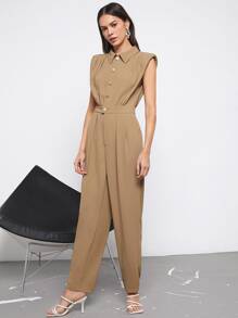 BizChic 素色前紐扣墊肩無袖連身褲