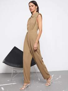 BizChic 素色前紐扣墊肩無袖連身褲