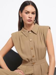 BizChic 素色前紐扣墊肩無袖連身褲