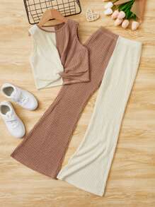 SHEIN Bộ hai mảnh Gái Gân đan xoắn lại Khối Màu Giải trí - Nhiều màu - Xem 1