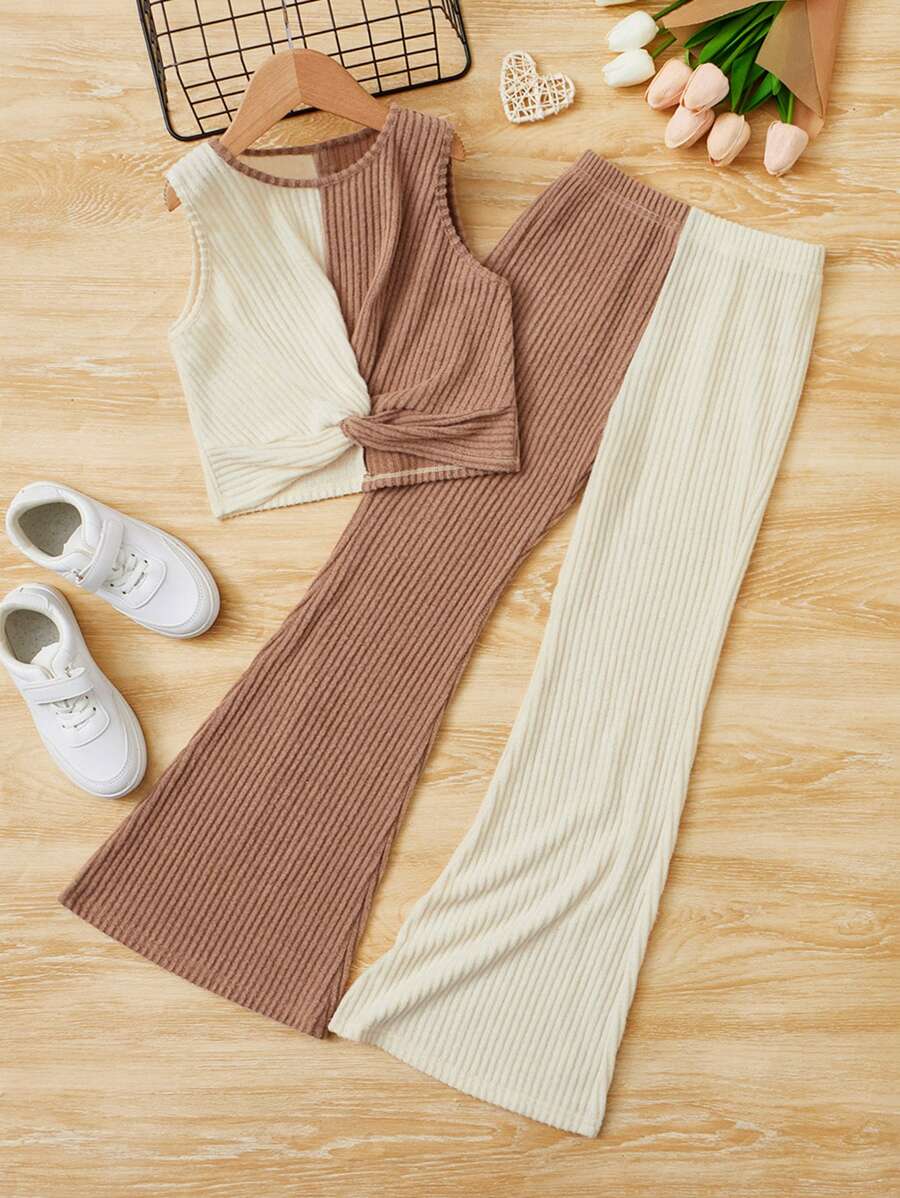 SHEIN Bộ hai mảnh Gái Gân đan xoắn lại Khối Màu Giải trí - Nhiều màu - Xem 1