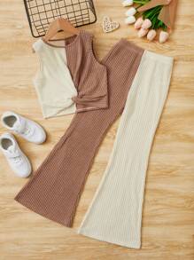 SHEIN Bộ hai mảnh Gái Gân đan xoắn lại Khối Màu Giải trí - Nhiều màu - Xem 5