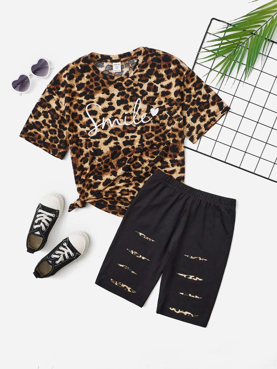 SHEIN 女孩字母和豹紋印花T恤和機車短褲 - 彩色 - 查看 1