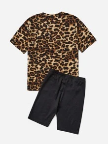 SHEIN 女孩字母和豹紋印花T恤和機車短褲 - 彩色 - 查看 2