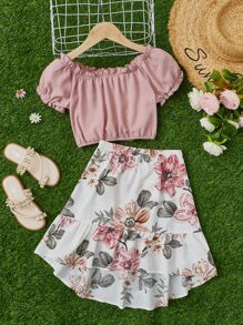 SHEIN 女孩泡泡袖上衣和印花半身裙