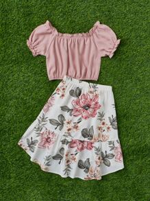 SHEIN 女孩泡泡袖上衣和印花半身裙