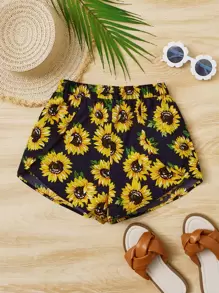 SHEIN Girls Sunflower Print Shorts - Multicolor - View 1