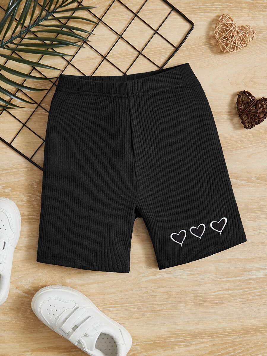 SHEIN Girls Heart Print Ribbed Knit Cycling Shorts - Black - View 1