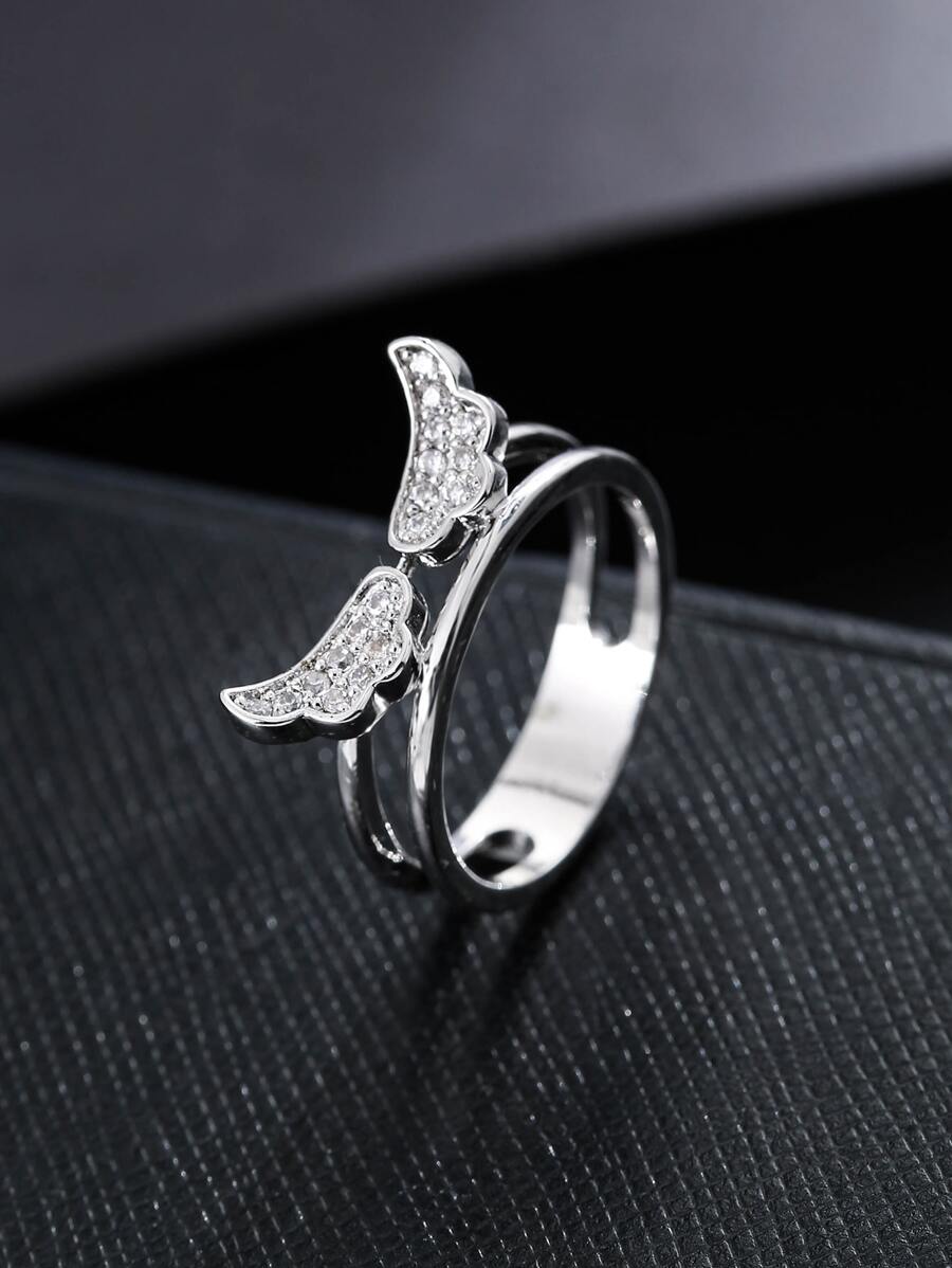 方晶鋯石翅膀裝飾開口戒指 - 銀色 - 查看 1