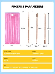 3入組金色雙面式指甲角質推子套裝,不鏽鋼指甲角質推子、削皮器、去除凝膠指甲油、角質除去美甲工具,適用於手足指甲 - 金色 - 查看 5