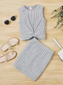 SHEIN 女孩扭結下擺背心上衣和半身裙 - 淺灰色 - 查看 1