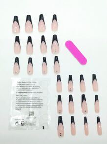 使用24入組長棺材黑色法式3D水鑽裝飾假指甲和1入組指甲銼和1張膠帶立即升級您造型 - 彩色 - 查看 2