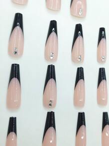 使用24入組長棺材黑色法式3D水鑽裝飾假指甲和1入組指甲銼和1張膠帶立即升級您造型 - 彩色 - 查看 3