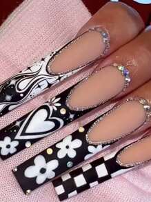 24pcs/Set Long Square Shape, Simple French Line And White Daisy Pattern With Rhinestone False Nails, Handmade, Suitable For Student, Ladies, Party, Dancing, Daily Wear Press On Nails Nail Supplies - Multicolor - View 1