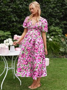 SHEIN Váy Bà bầu Dải chun Hoa Tất cả trên in Boho - Nhiều màu - Xem 3