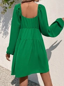 SHEIN Privé Vestido con nudo delantero de manga farol bajo con fruncido - Verde - Ver 2
