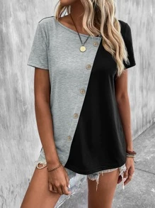 SHEIN LUNE Casual Kleurblok T-shirt Knoop - Veel kleurig - Bekijken 3