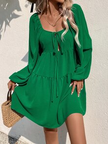 SHEIN Privé Vestido con nudo delantero de manga farol bajo con fruncido - Verde - Ver 4