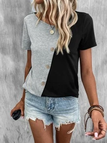 SHEIN LUNE Casual Kleurblok T-shirt Knoop - Veel kleurig - Bekijken 5