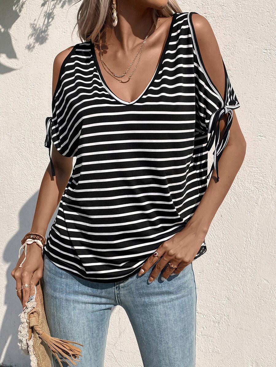 SHEIN LUNE Striped Cold Shoulder Tee - Black and White - View 1