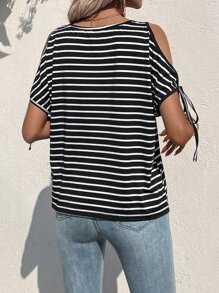 SHEIN LUNE Striped Cold Shoulder Tee - Black and White - View 2