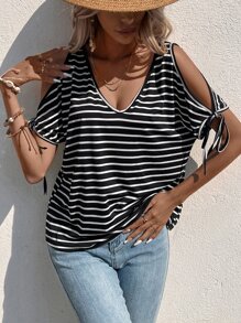 SHEIN LUNE Striped Cold Shoulder Tee - Black and White - View 3