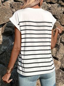 SHEIN LUNE Áo thun tay cánh dơi in họa tiết sọc Áo thun nữ - trắng - Xem 2