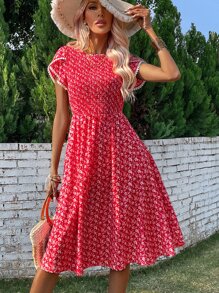 Breezaya Đầm Tương phản ren Dải chun Họa tiết hoa Boho - Đỏ - Xem 1