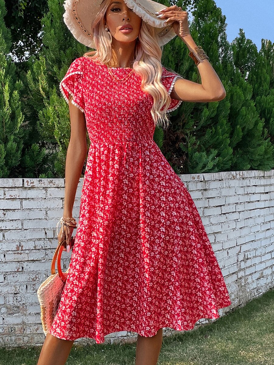 Breezaya Đầm Tương phản ren Dải chun Họa tiết hoa Boho - Đỏ - Xem 1