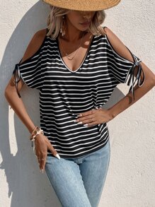 SHEIN LUNE Striped Cold Shoulder Tee - Black and White - View 4
